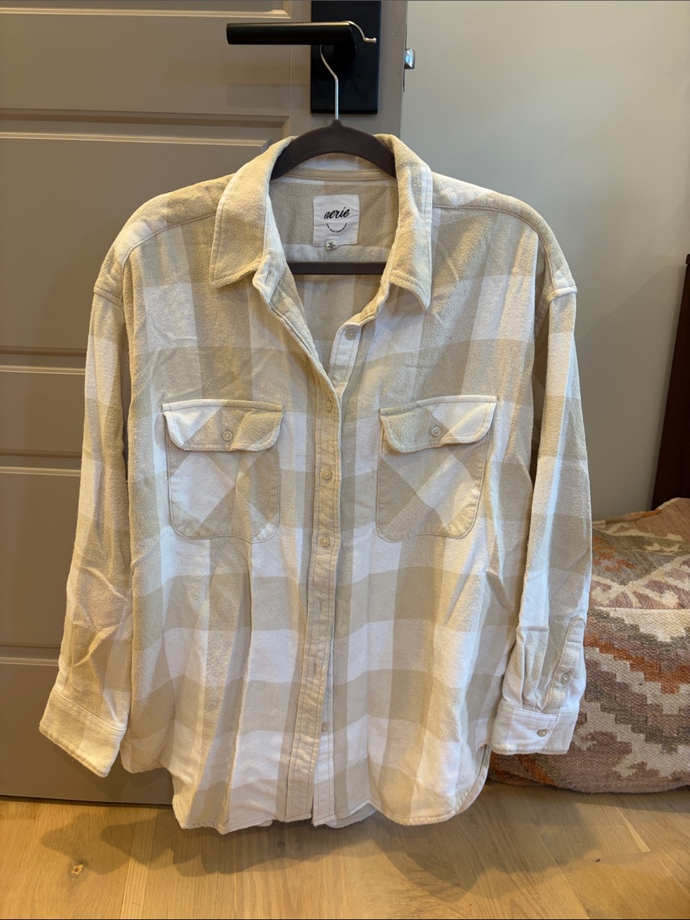 aerie Cream and White Plaid Flannel